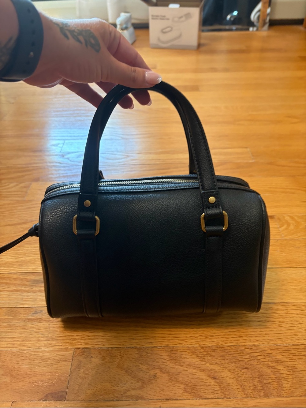 Black Leather Barrel Satchel Handbag